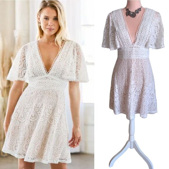 Lulus Dresses & Skirts - Lulu's Make My Wish White Crochet Lace Flutter Sleeve Mini Dress Medium